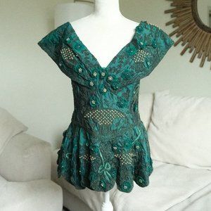 Vintage Eavis & Brown London Forest Green Beaded Designer Button Blouse